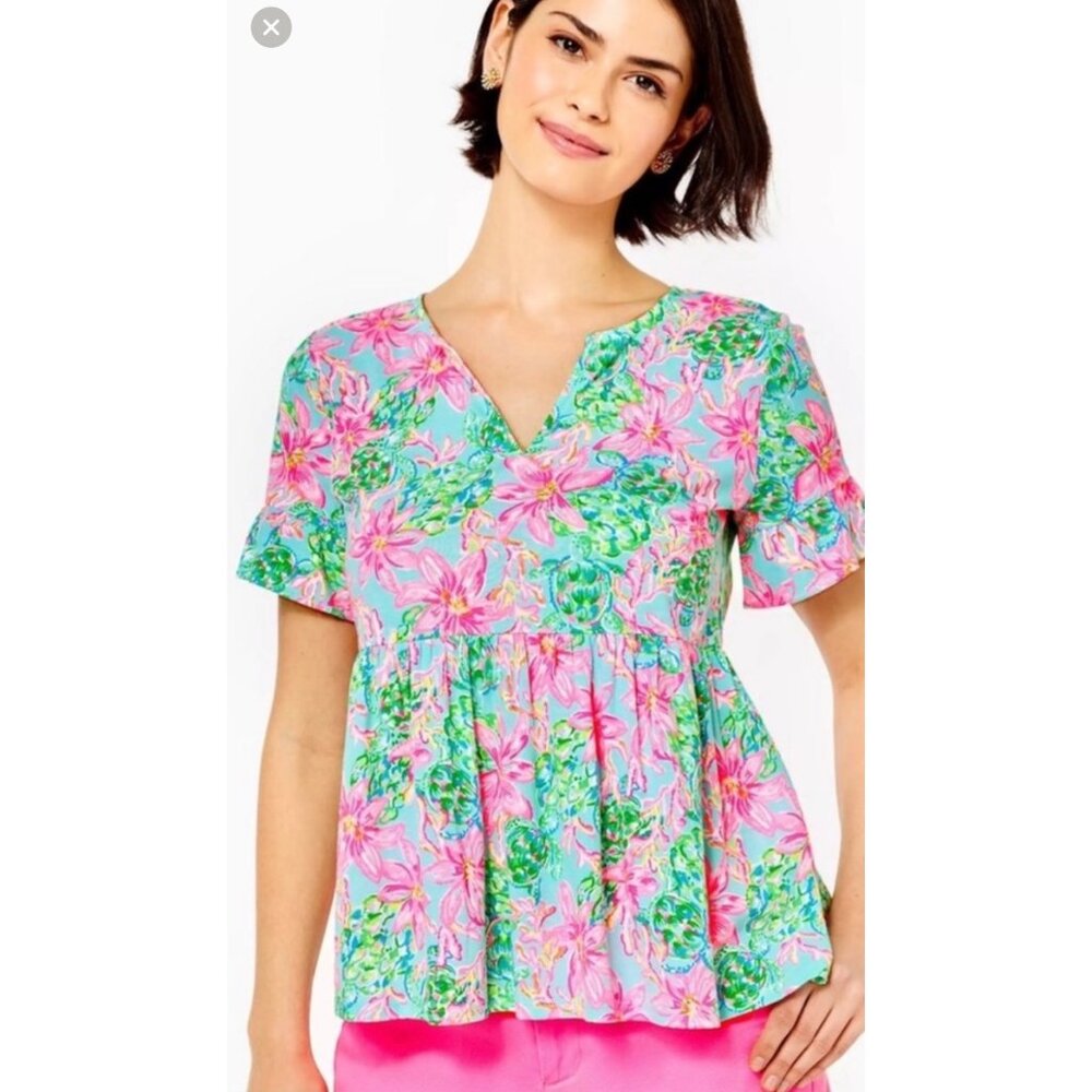 LILLY PULITZER Jodee short sleeve top Surf blue So Shellegant size med